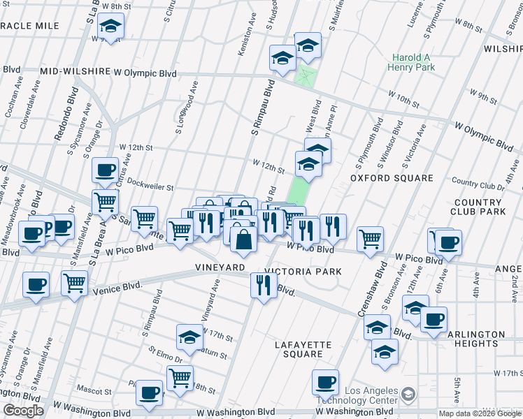 map of restaurants, bars, coffee shops, grocery stores, and more near 1266 South Mullen Avenue in Los Angeles