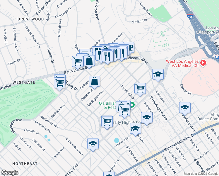 map of restaurants, bars, coffee shops, grocery stores, and more near 11842 Darlington Avenue in Los Angeles