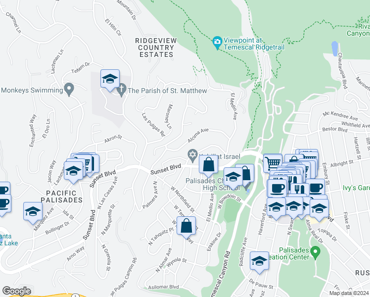 map of restaurants, bars, coffee shops, grocery stores, and more near 16132 Alcima Avenue in Los Angeles