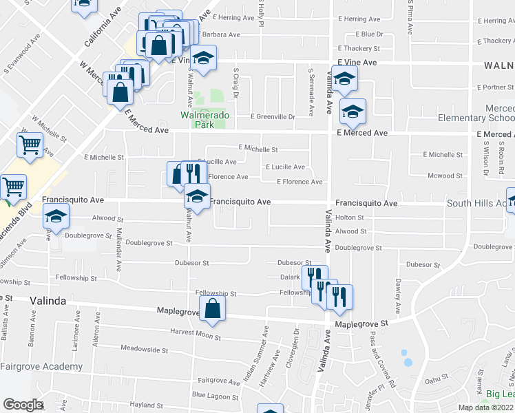 map of restaurants, bars, coffee shops, grocery stores, and more near 748 Francisquito Avenue in West Covina