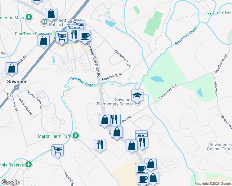 map of restaurants, bars, coffee shops, grocery stores, and more near 3760 John Herndon Court Northeast in Suwanee