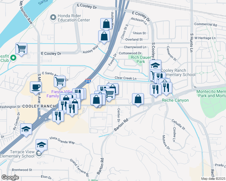 map of restaurants, bars, coffee shops, grocery stores, and more near 1150 South Meadow Lane in Colton