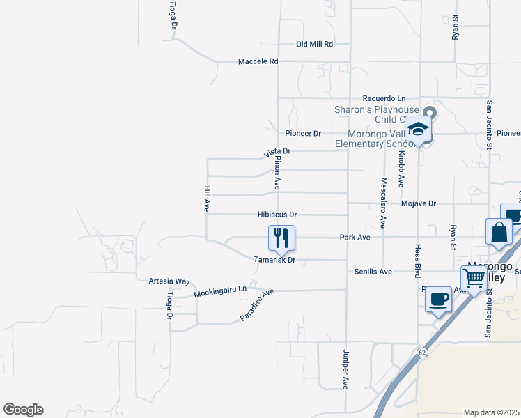 map of restaurants, bars, coffee shops, grocery stores, and more near 49054 Hibiscus Drive in Morongo Valley