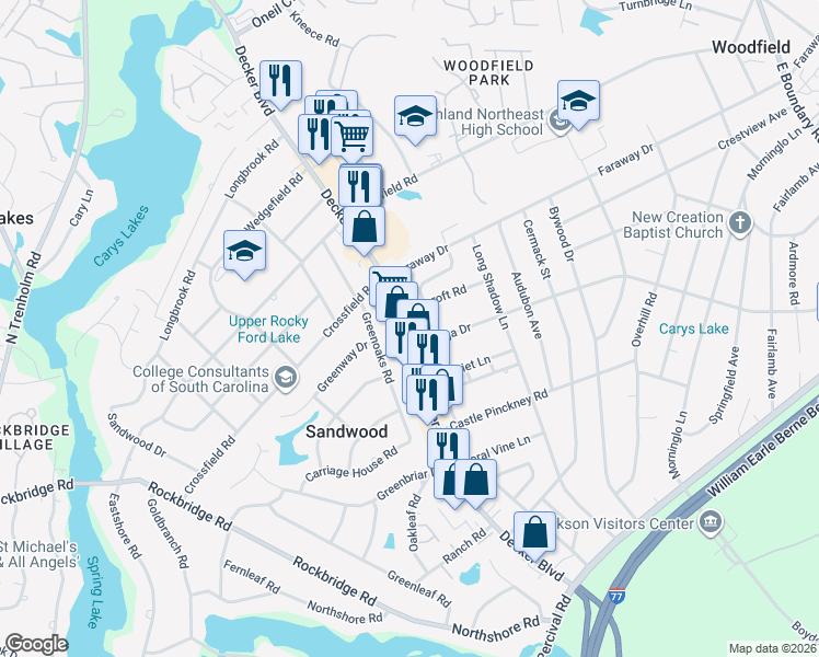 map of restaurants, bars, coffee shops, grocery stores, and more near 2108 Decker Boulevard in Columbia