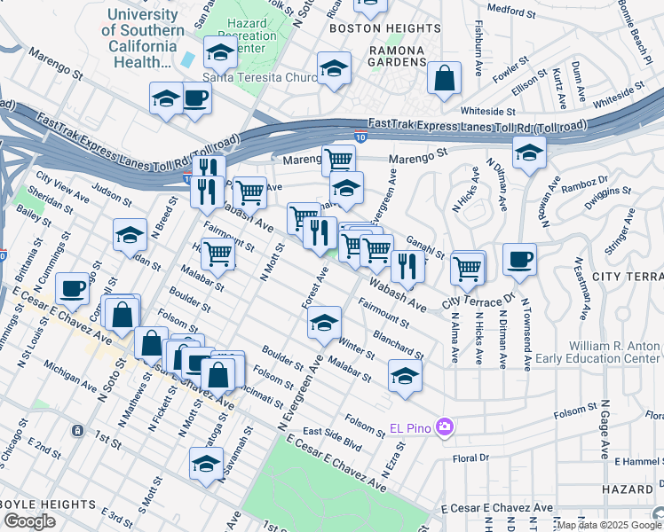 map of restaurants, bars, coffee shops, grocery stores, and more near 2800 Wabash Avenue in Los Angeles