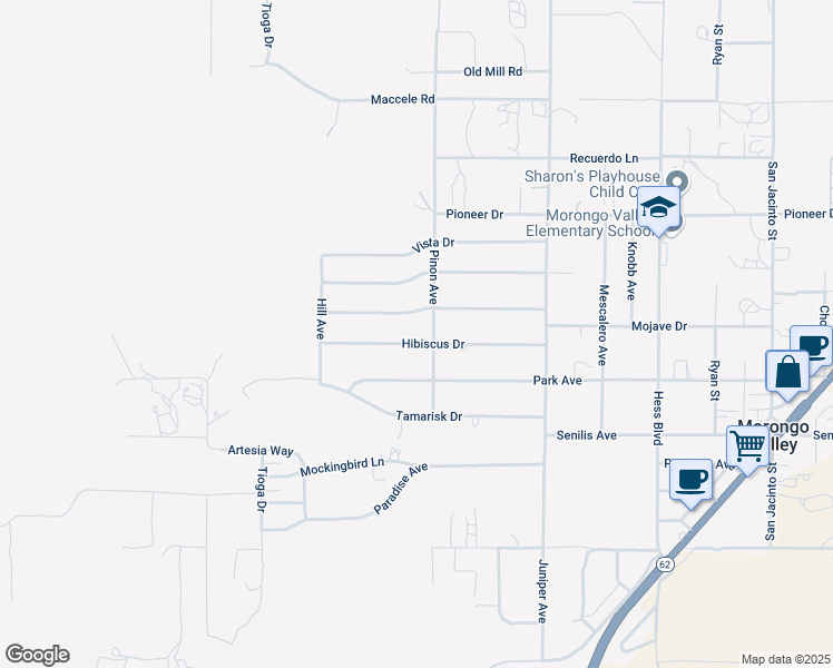 map of restaurants, bars, coffee shops, grocery stores, and more near 49054 Hibiscus Drive in Morongo Valley