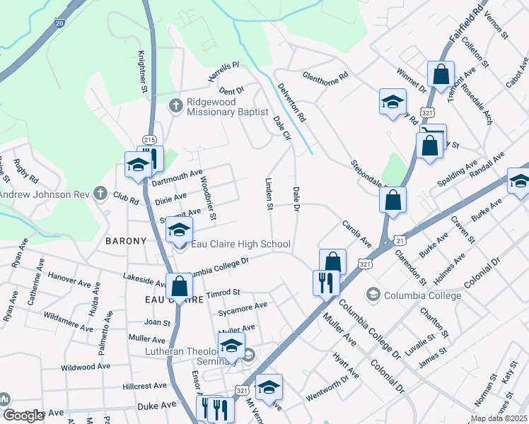 map of restaurants, bars, coffee shops, grocery stores, and more near 4721 Linden Street in Columbia