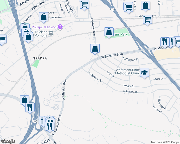 map of restaurants, bars, coffee shops, grocery stores, and more near 1997 West Phillips Drive in Pomona