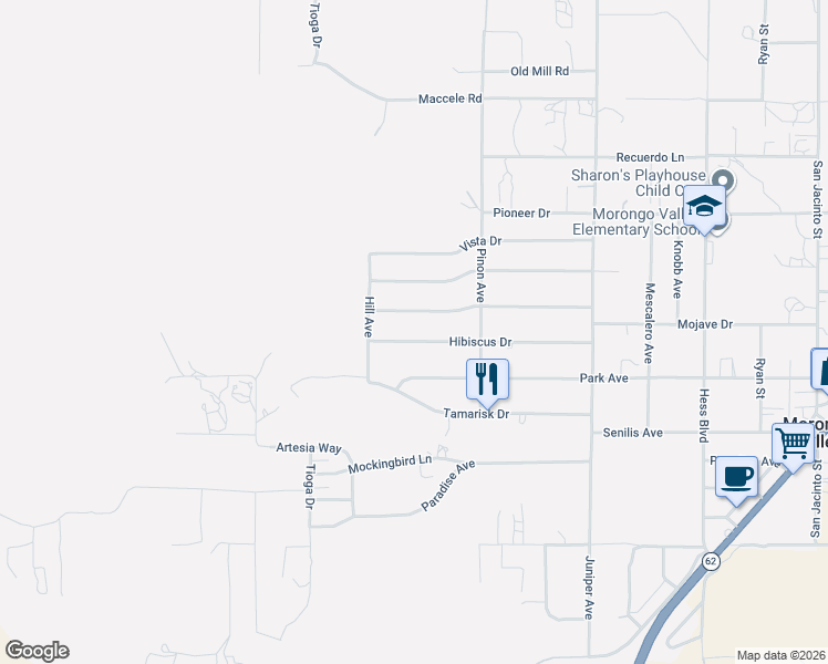 map of restaurants, bars, coffee shops, grocery stores, and more near 48980 Hibiscus Drive in Morongo Valley