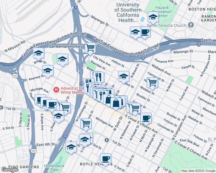 map of restaurants, bars, coffee shops, grocery stores, and more near 574 North Saint Louis Street in Los Angeles