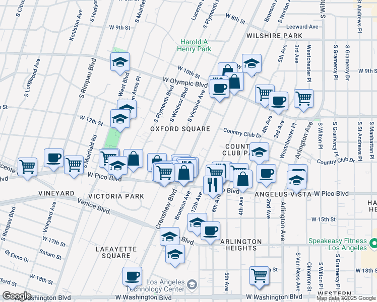 map of restaurants, bars, coffee shops, grocery stores, and more near 1191 Crenshaw Boulevard in Los Angeles