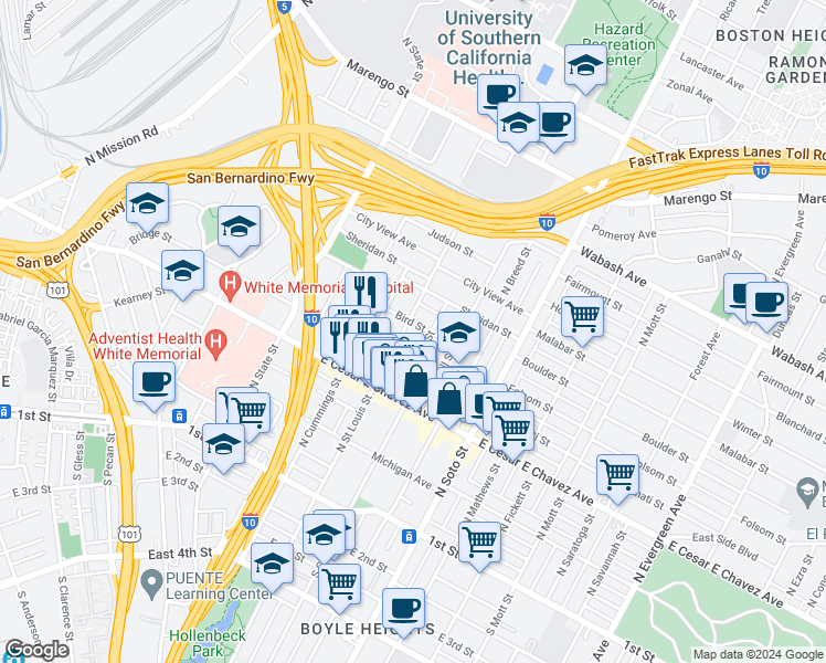 map of restaurants, bars, coffee shops, grocery stores, and more near 574 North Saint Louis Street in Los Angeles