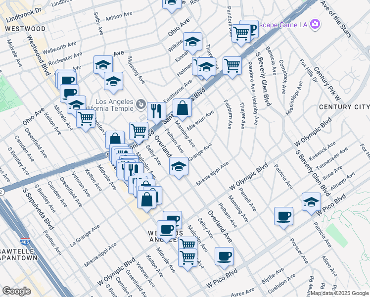 map of restaurants, bars, coffee shops, grocery stores, and more near 1932 Pelham Avenue in Los Angeles