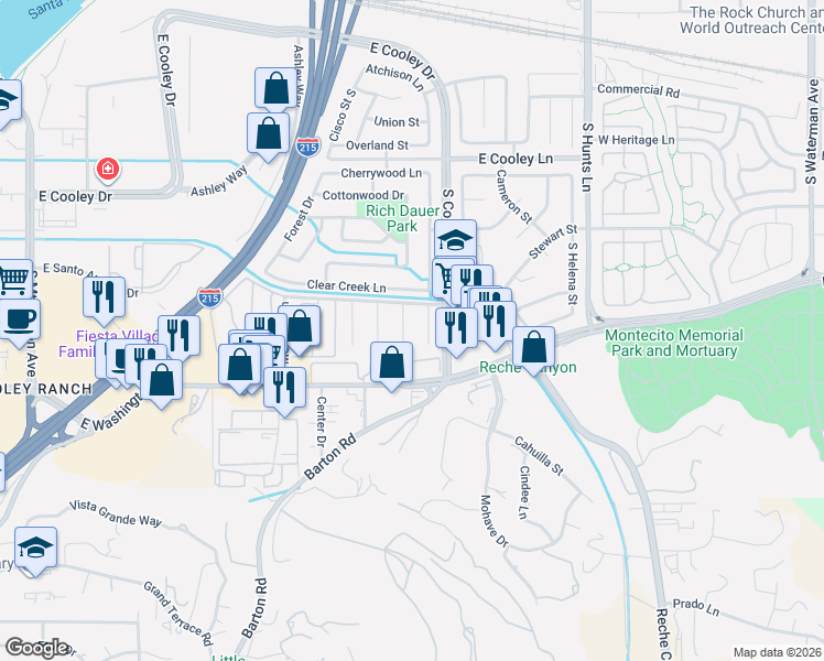 map of restaurants, bars, coffee shops, grocery stores, and more near 1151 Canyon View Lane in Colton