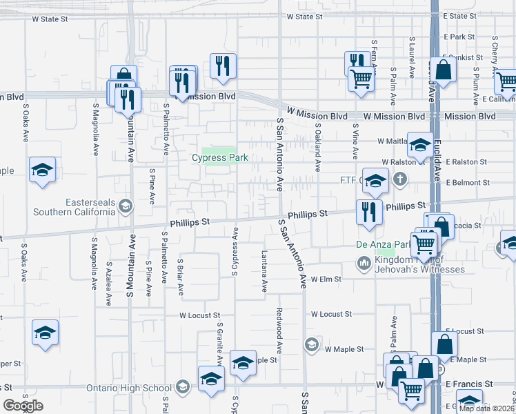 map of restaurants, bars, coffee shops, grocery stores, and more near 716 West Phillips Street in Ontario
