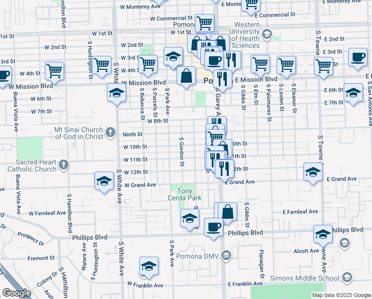 map of restaurants, bars, coffee shops, grocery stores, and more near 1048 South Gordon Street in Pomona