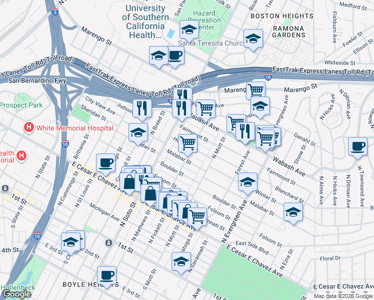 map of restaurants, bars, coffee shops, grocery stores, and more near 2506 Houston Street in Los Angeles