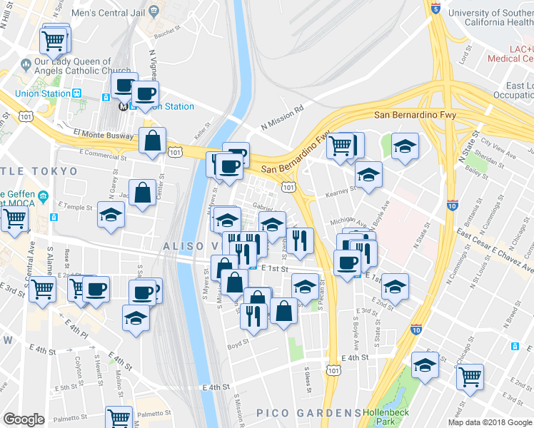 map of restaurants, bars, coffee shops, grocery stores, and more near 253 Park Paseo in Los Angeles