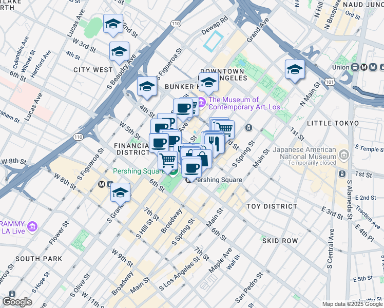 map of restaurants, bars, coffee shops, grocery stores, and more near 415 South Hill Street in Los Angeles