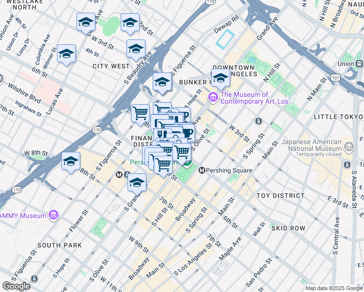 map of restaurants, bars, coffee shops, grocery stores, and more near 512 South Grand Avenue in Los Angeles