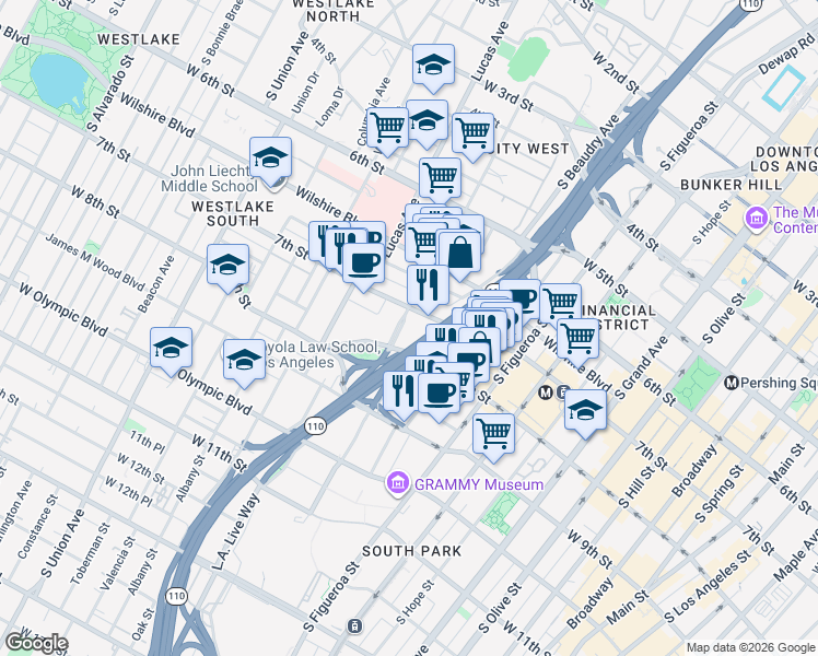 map of restaurants, bars, coffee shops, grocery stores, and more near 766 South Bixel Street in Los Angeles