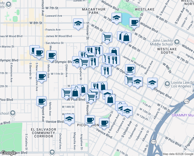 map of restaurants, bars, coffee shops, grocery stores, and more near 1125 South Lake Street in Los Angeles