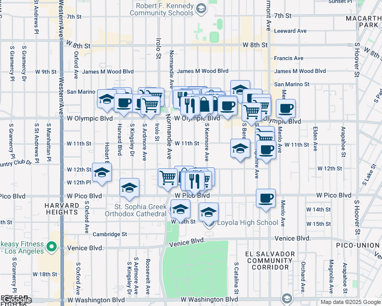 map of restaurants, bars, coffee shops, grocery stores, and more near 1128 South Fedora Street in Los Angeles