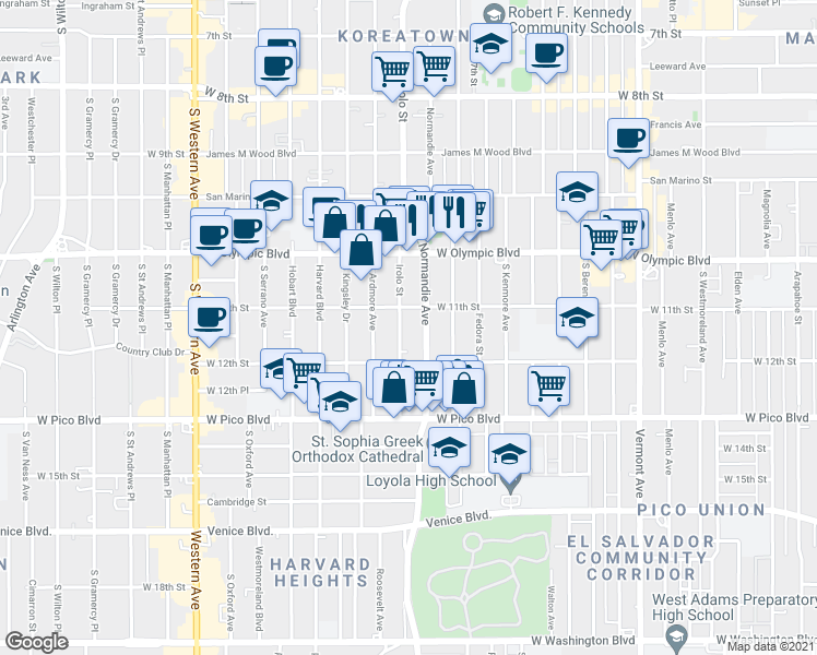map of restaurants, bars, coffee shops, grocery stores, and more near 1128 Irolo Street in Los Angeles