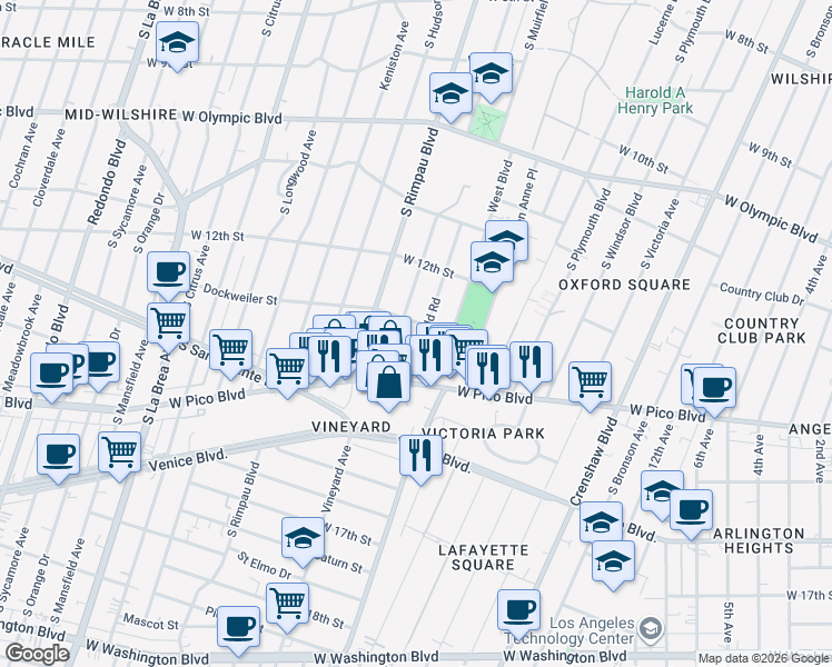 map of restaurants, bars, coffee shops, grocery stores, and more near 1266 South Mullen Avenue in Los Angeles