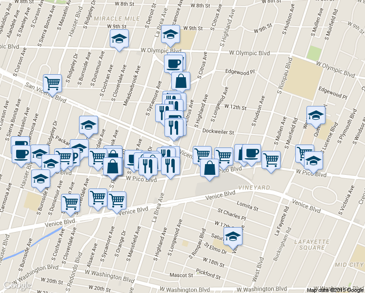 map of restaurants, bars, coffee shops, grocery stores, and more near in Los Angeles