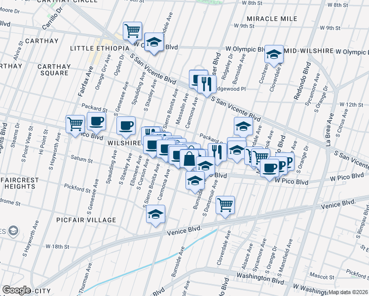 map of restaurants, bars, coffee shops, grocery stores, and more near 1340 Hauser Boulevard in Los Angeles