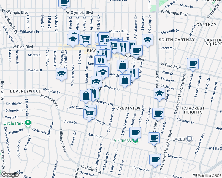 map of restaurants, bars, coffee shops, grocery stores, and more near 1608 South Wooster Street in Los Angeles