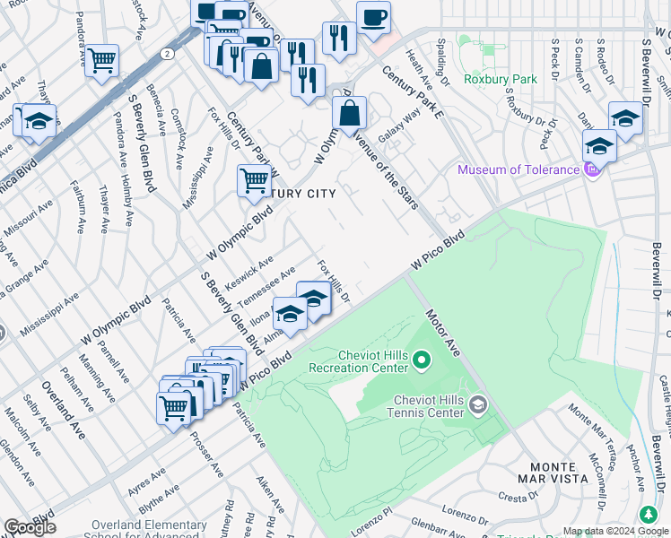 map of restaurants, bars, coffee shops, grocery stores, and more near 2325 Fox Hills Drive in Los Angeles
