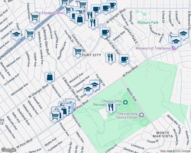 map of restaurants, bars, coffee shops, grocery stores, and more near 2325 Fox Hills Drive in Los Angeles