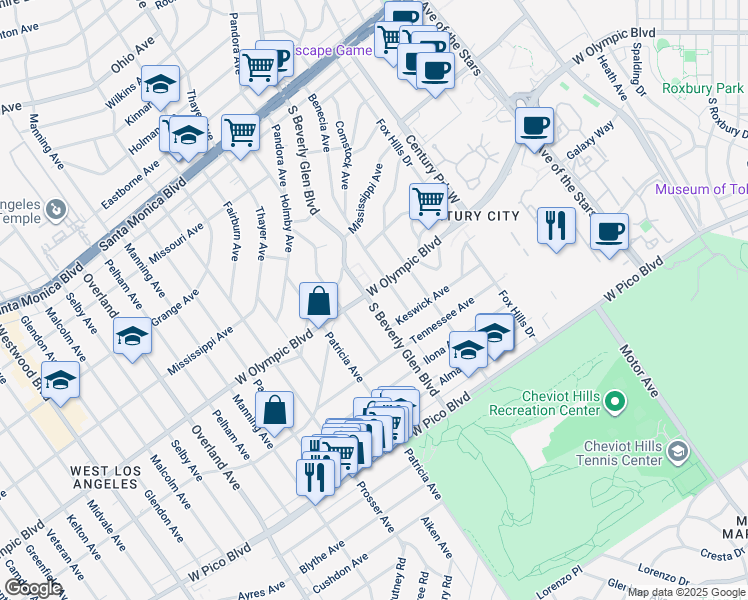 map of restaurants, bars, coffee shops, grocery stores, and more near 2203 South Beverly Glen Boulevard in Los Angeles