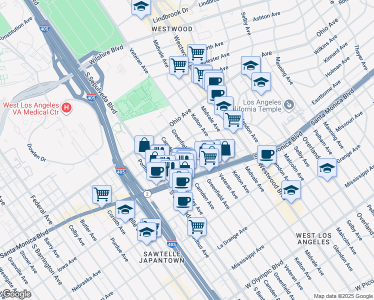 map of restaurants, bars, coffee shops, grocery stores, and more near 1615 Greenfield Avenue in Los Angeles