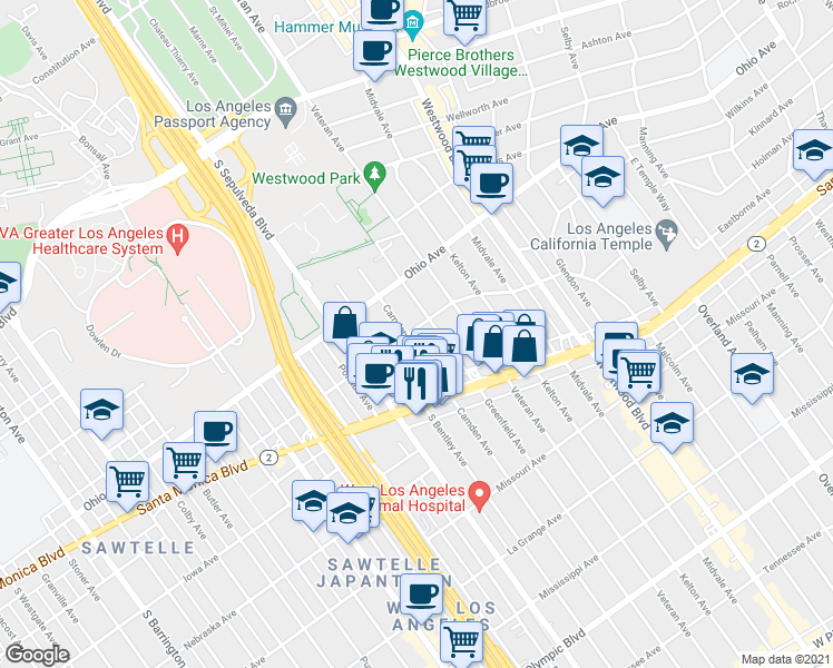 map of restaurants, bars, coffee shops, grocery stores, and more near 1615 Greenfield Avenue in Los Angeles
