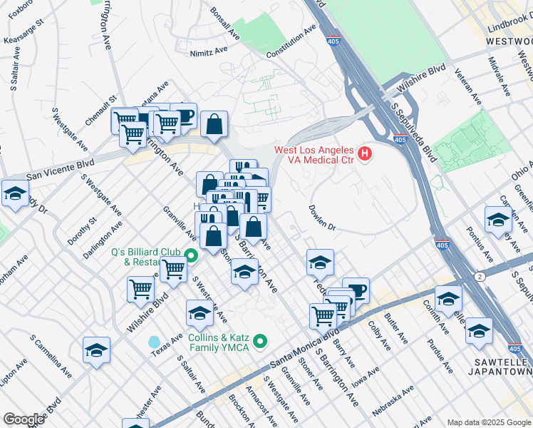 map of restaurants, bars, coffee shops, grocery stores, and more near 11620 Wilshire Boulevard in Los Angeles