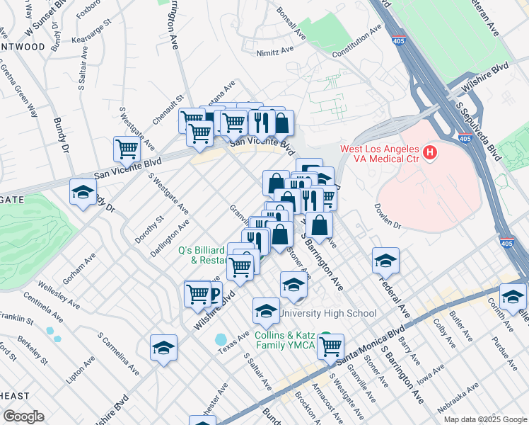 map of restaurants, bars, coffee shops, grocery stores, and more near 11723 Goshen Avenue in Los Angeles