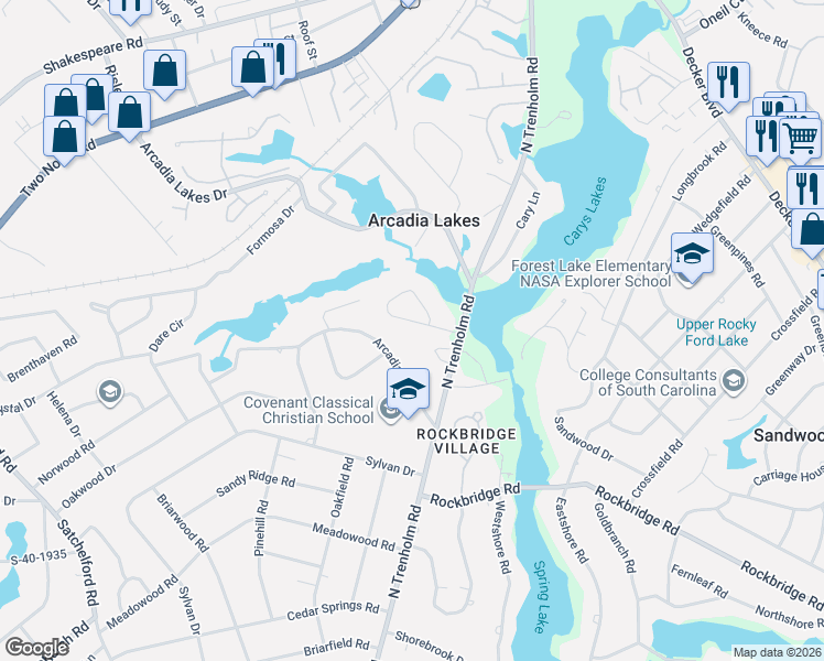 map of restaurants, bars, coffee shops, grocery stores, and more near 3 Lakecrest Drive in Columbia
