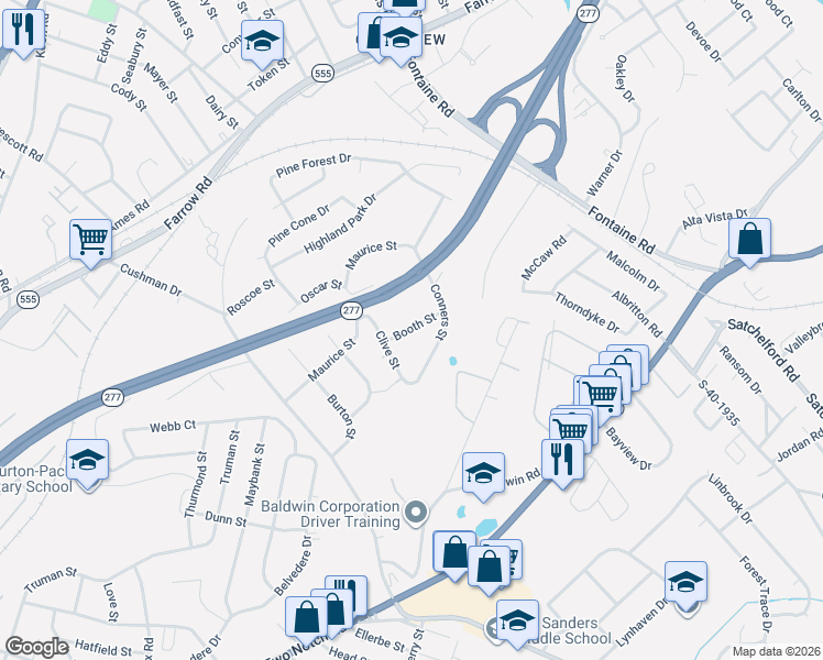 map of restaurants, bars, coffee shops, grocery stores, and more near 4013 Booth Street in Columbia