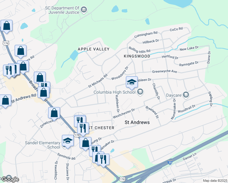 map of restaurants, bars, coffee shops, grocery stores, and more near 216 Luther Road in Columbia
