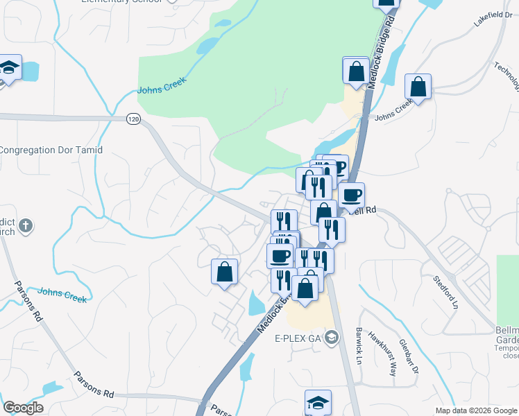 map of restaurants, bars, coffee shops, grocery stores, and more near 845 Millwork Circle in Johns Creek