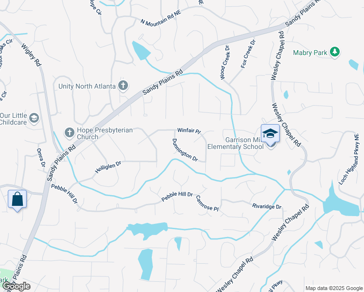 map of restaurants, bars, coffee shops, grocery stores, and more near 4124 Dunnington Drive in Marietta