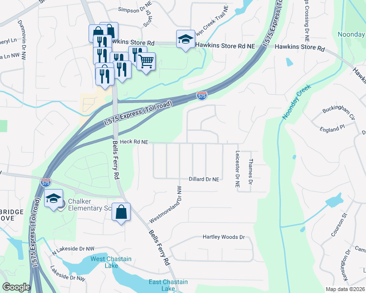 map of restaurants, bars, coffee shops, grocery stores, and more near 4020 Westmoreland Drive Northwest in Kennesaw