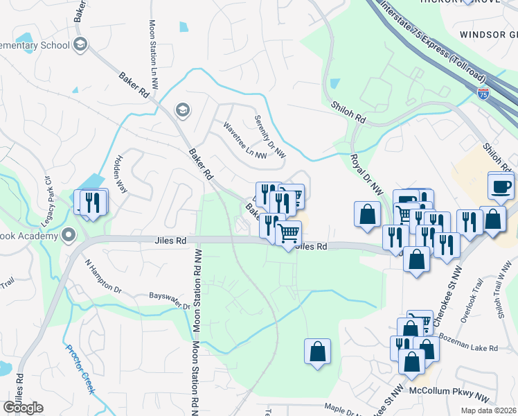 map of restaurants, bars, coffee shops, grocery stores, and more near 2160 Dresden Green in Kennesaw