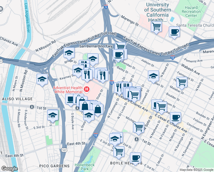 map of restaurants, bars, coffee shops, grocery stores, and more near 1890 East Cesar E Chavez Avenue in Los Angeles