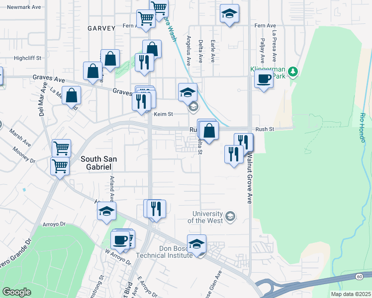 map of restaurants, bars, coffee shops, grocery stores, and more near 8338 Rush Street in Rosemead