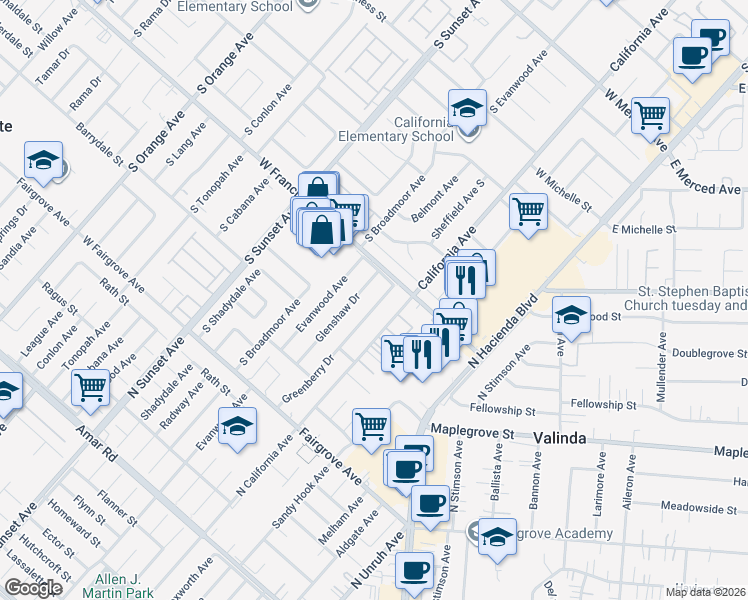 map of restaurants, bars, coffee shops, grocery stores, and more near 1519 Greenberry Drive in La Puente