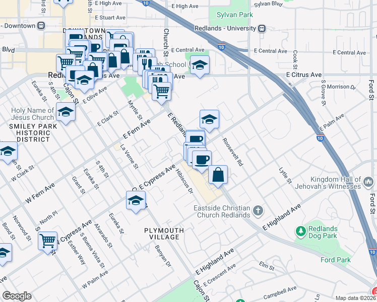 map of restaurants, bars, coffee shops, grocery stores, and more near 475 East Cypress Avenue in Redlands